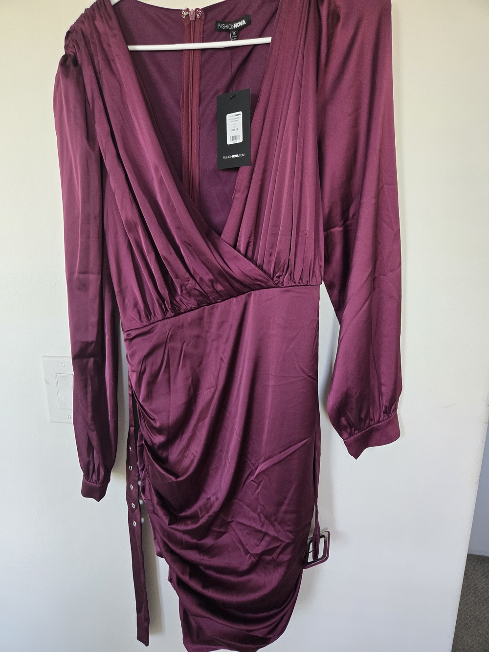 Fashion Nova Deep Wine Satin Long Sleeve Wrap Dress